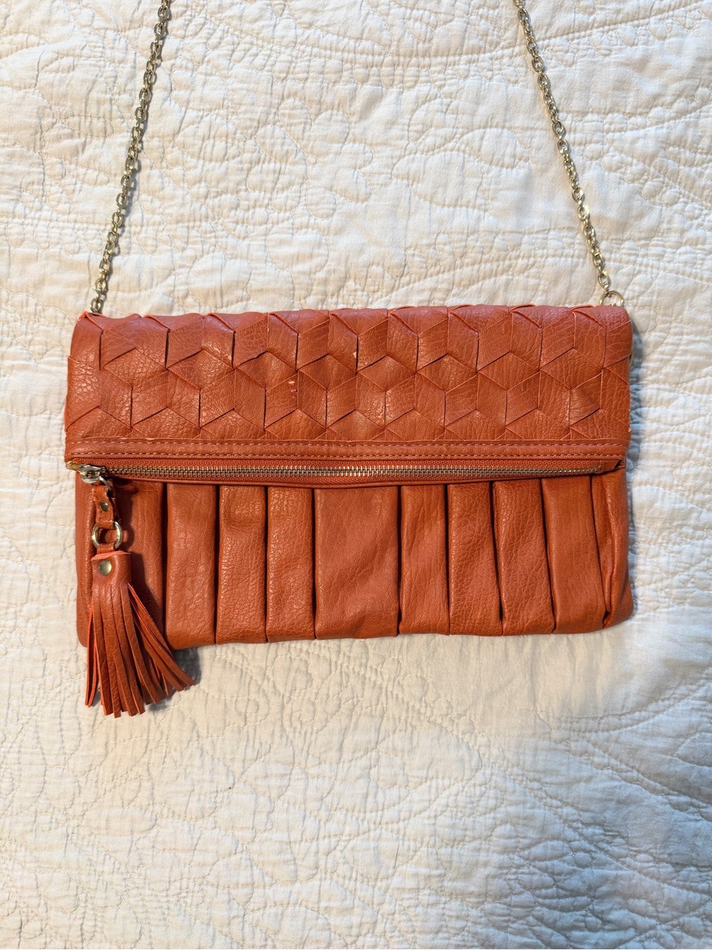 Foldover Crossbody Clutch in Burnt Orange with Tassel